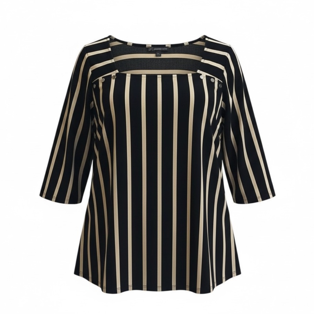 Adrianna Papell Black and Cream Tan Striped Blouse Size 1X Square Neck